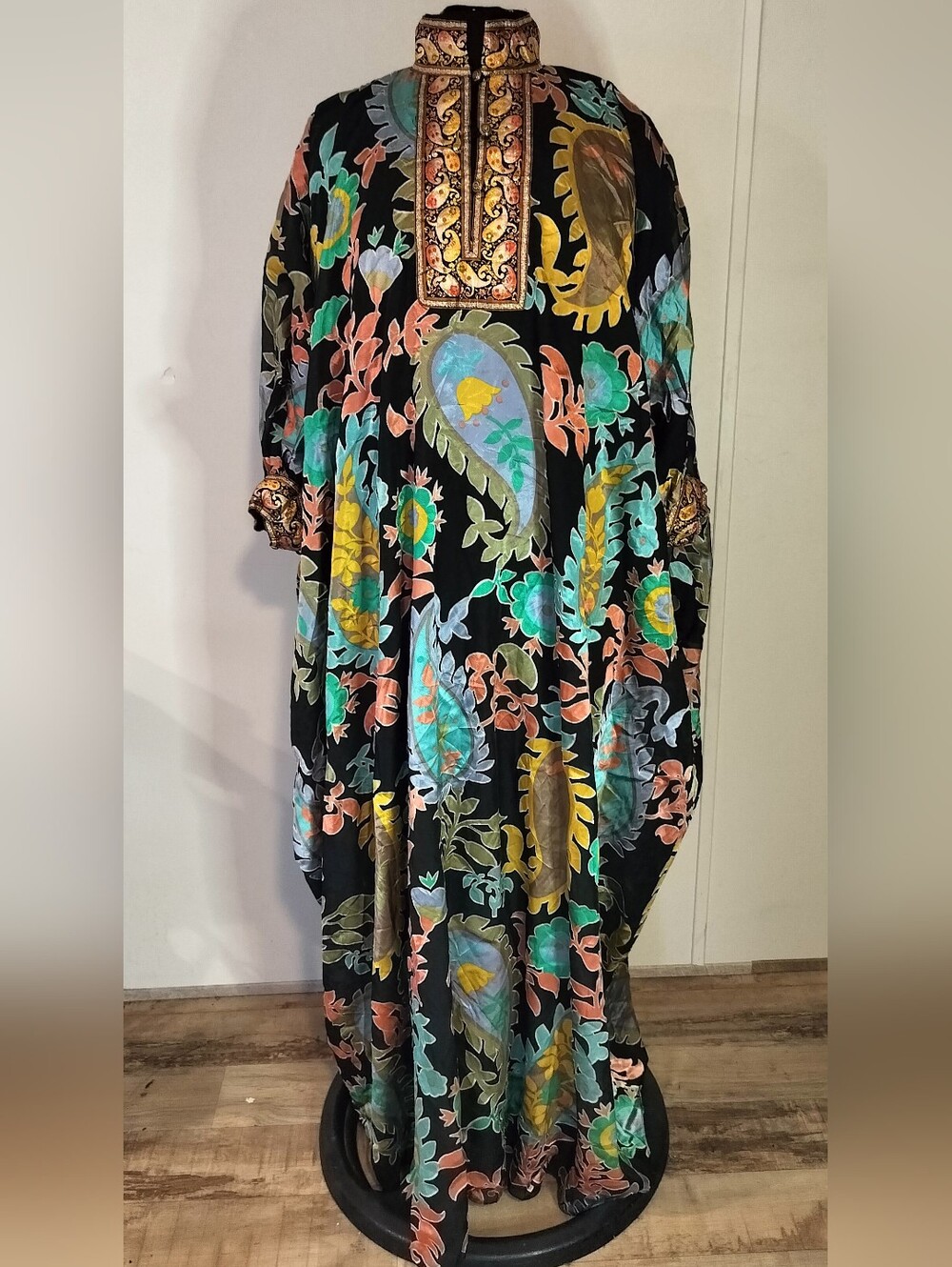 Saks Fifth Avenue Black Paisley Floral Kaftan with Turquoise and Coral Accents